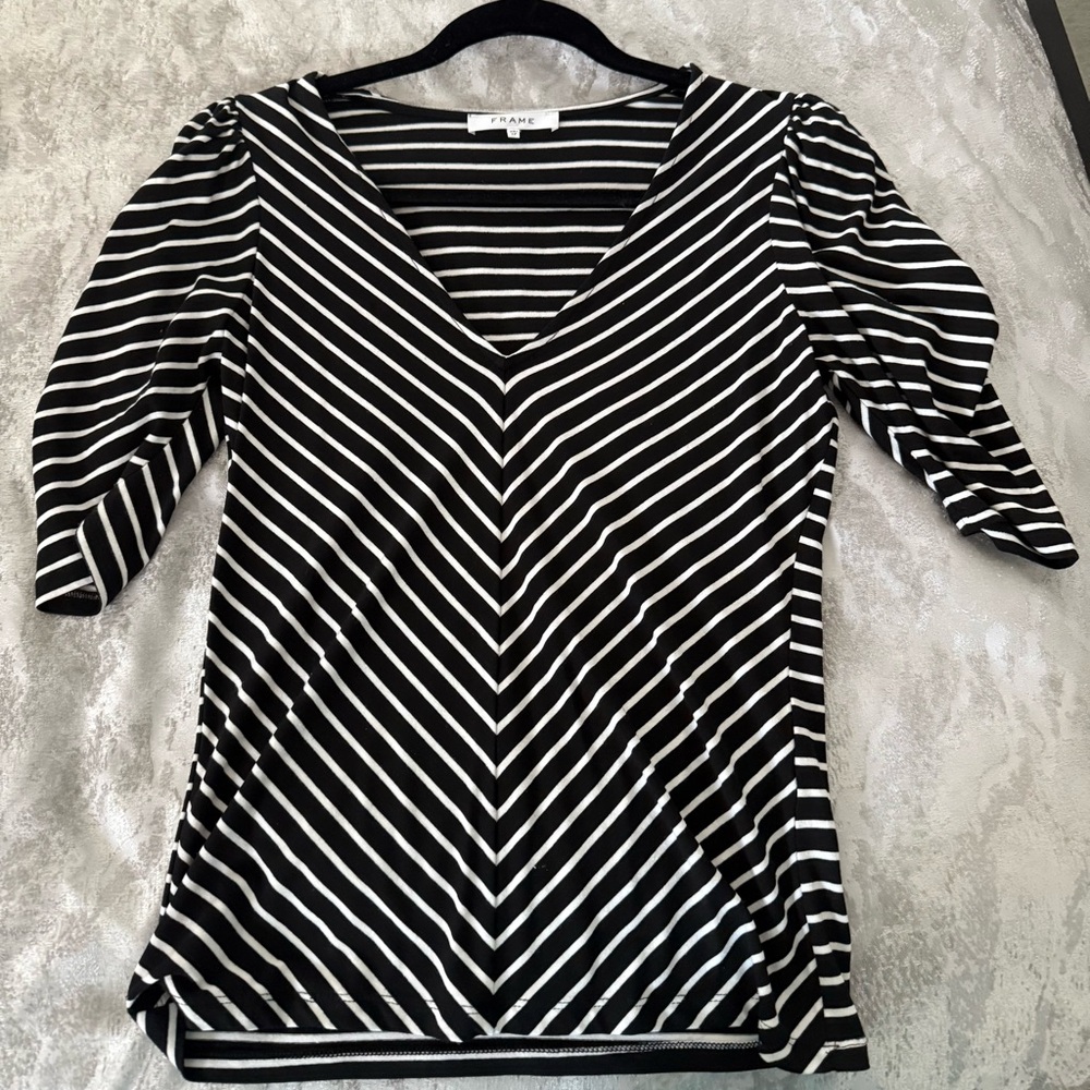 Frame Black and White Striped V-Neck Blouse